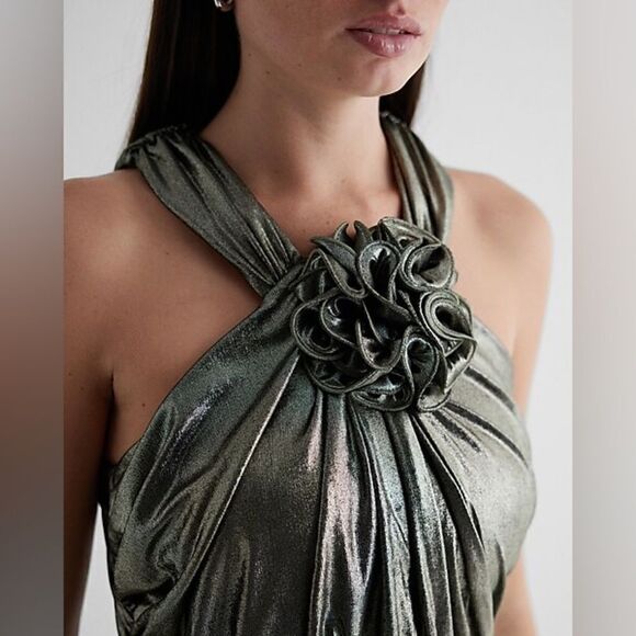 EXPRESS Metallic Rosette Halter Ruched Mini Sheath Dress y3k - Picture 10 of 16